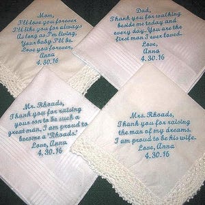 Embroidered Wedding Gift Handkerchiefs Parents of Bride & Groom Gifts Wedding Gifts Set of 4 (205s)