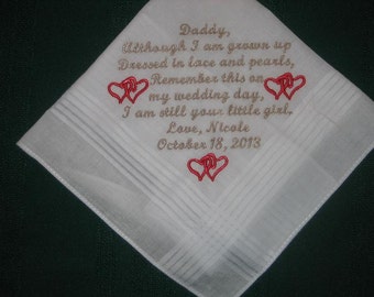 30 words of your choice.Father of the Bride 156S.Bridal Hanky, Personalized Wedding Handkerchief