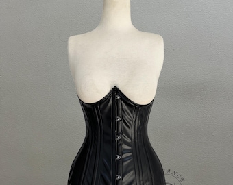 Women's Heavy Duty Double Steel Boned Corset, Waist Trainer Hourglass Underbust Black Leather Corset
