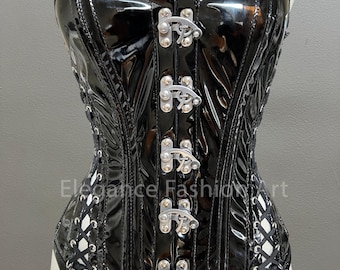 Women's Heavy Duty Overbust Corset Waist Trainer Steel Boned Black PVC Fashion Corset