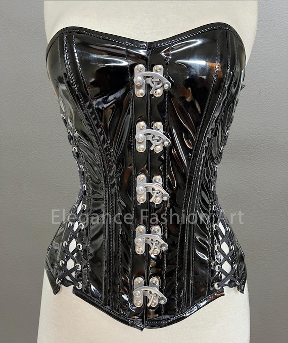 Women's Heavy Duty Overbust Corset Waist Trainer Steel Boned Black PVC Fashion Corset