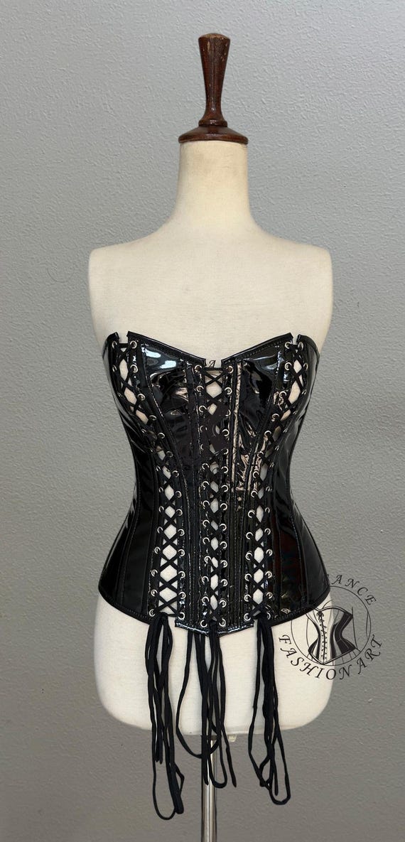 Heavy Duty Steel Boned PVC Corset | Overbust Waist Trainer Lace-Up Corset | Top Drawer Black PVC Corset