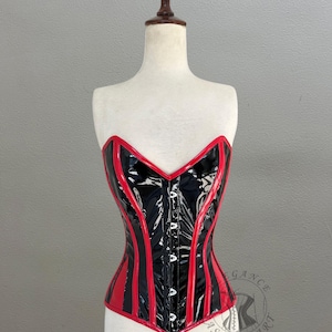 Corset tendance pour femme | Corset costumé en PVC noir et rouge désossé en acier robuste