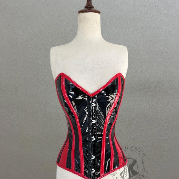 Corsé de moda para mujer con cintura sobre el busto / Corsé de disfraz de PVC negro y rojo con varillas de acero resistentes