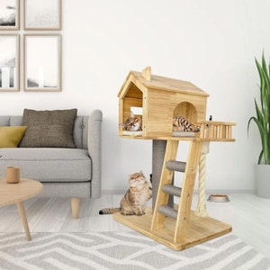 Handcrafted Wooden Cat Castle With Stairs & Scratch Sanctuary, cat house, cat scratching, wooden cat house, cat tower, Luxury Cat