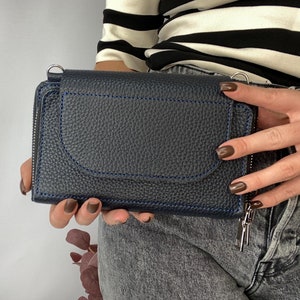 Crossbody Leather Clutch & Phone Pocket, Genuine Leather Organizer Purse, Leather Small Handbag, iPhone 16 17 Pro Max Leather Shoulder Bag