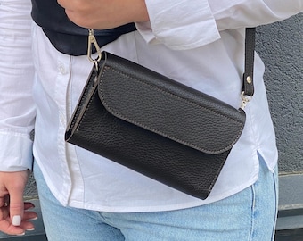 RFID blocking Personalized Leather Crossbody Phone Wallet: Small Shoulder iPhone Bag with Card Slots