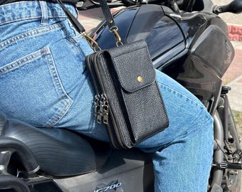 RFID Handmade Leather Crossbody Phone Wallet: Double Zipper Shoulder Purse, Personalized Motorcycle iPhone Organaizer
