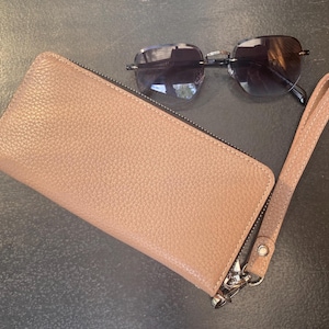 Cartera larga de piel con correa para la muñeca y ranuras para tarjetas, cartera de piel flor brillante con cremallera y correa para la muñeca, cartera de piel para iPhone.