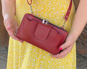Personalized RFID Pebbled Leather Crossbody Wallet Purse: Soft Shoulder Phone Purse, iPhone Travel Organizer