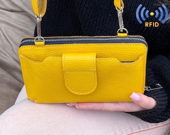 Personalized Leather Shoulder iPhone Wallet Purse: RFID Blocking Crossbody Bag with Front Phone Pocket