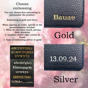 May include: A dark blue textured leather surface showing examples of gold and silver embossing. The gold text reads Baua with a heart symbol, and the silver text reads 13.09.24. A character chart displays uppercase and lowercase letters and numbers.