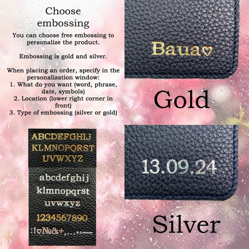 May include: A dark blue textured leather surface showing examples of gold and silver embossing. The gold text reads Baua with a heart symbol, and the silver text reads 13.09.24. A character chart displays uppercase and lowercase letters and numbers.