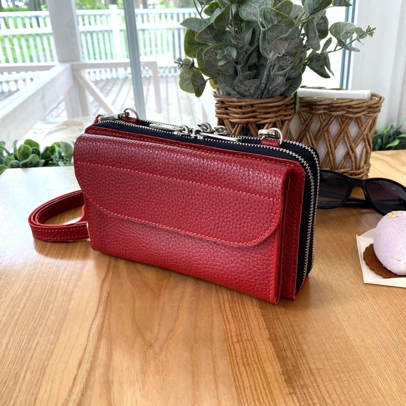 Handmade Leather Dual Zipper Around Travel Wallet Purse, Leather Crossbody Wallet Bag iPhone 15 16 Pro Max, Double Long Shoulder Phone Purse
