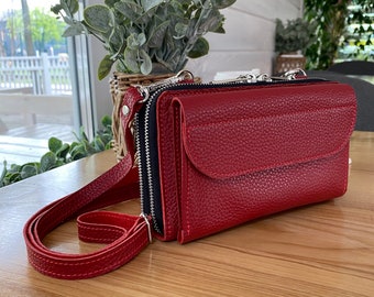 Handmade Leather Crossbody Wallet Bag iPhone / Double Long Shoulder Phone Purse/ Flotar Genuine Cow Leather/ Leather Travel Bag Wallet