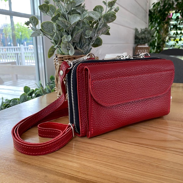 Handmade Leather Crossbody Wallet Bag iPhone / Double Long Shoulder Phone Purse/ Flotar Genuine Cow Leather/ Leather Travel Bag Wallet