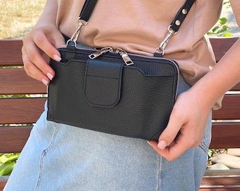 RFID Leather Crossbody Phone Wallet: Personalization Handmade Shoulder Purse, Travel Zip Around Wallet Bag