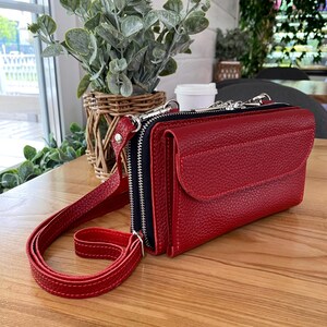 Handmade Soft Red Leather Crossbody Double Zipper Wallet: Dual Zipper Travel Phone Purse, RFID Blocking