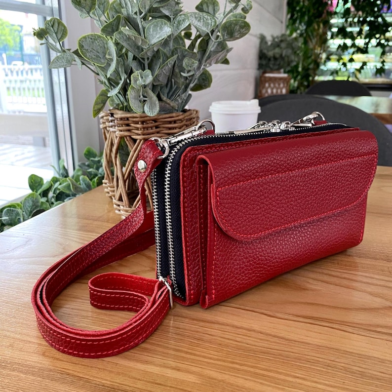 Handmade Soft Red Leather Crossbody Double Zipper Wallet: Dual Zipper Travel Phone Purse, RFID Blocking