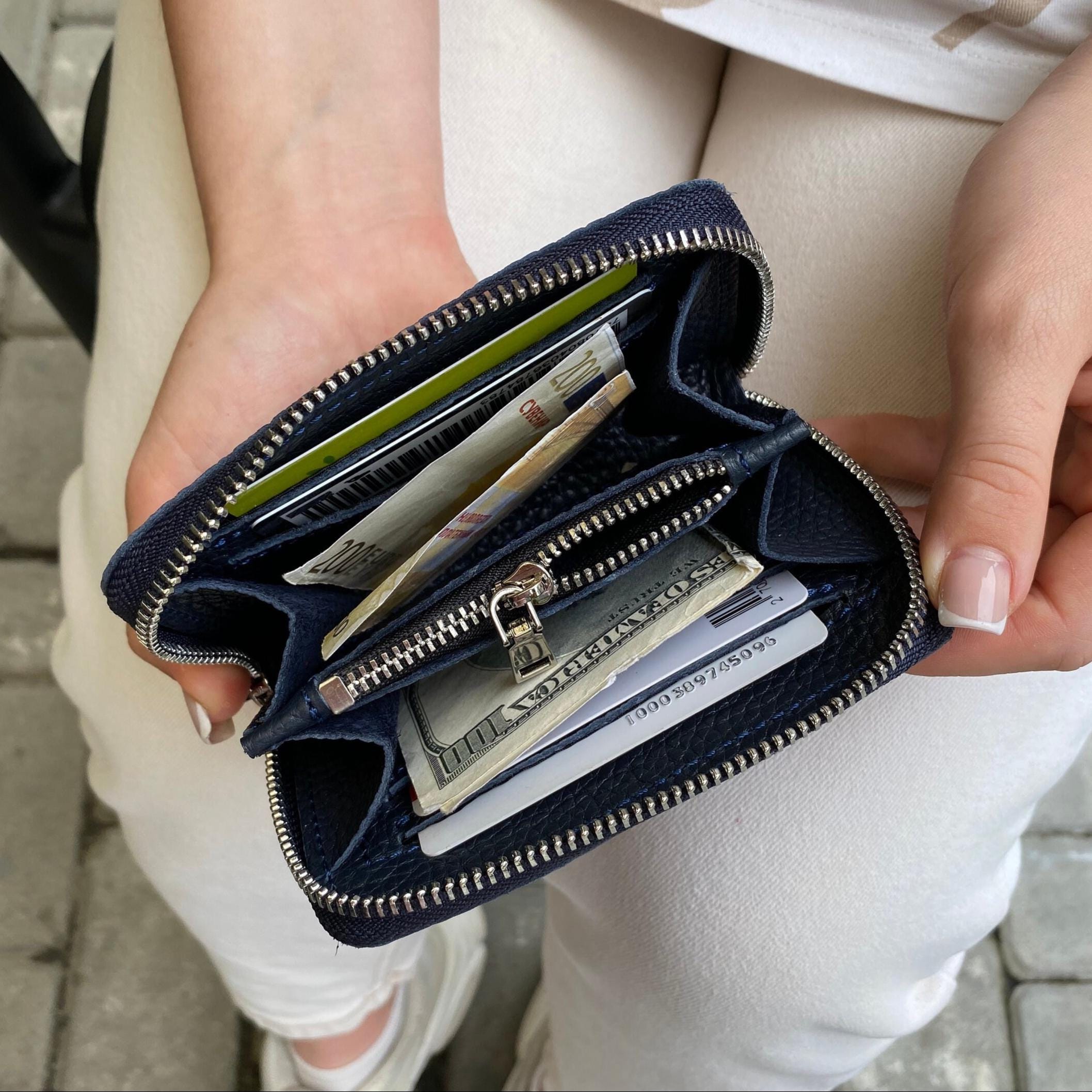 Embossed Leather Zip Around Wallet: Handmade Pebbled Mini Coin