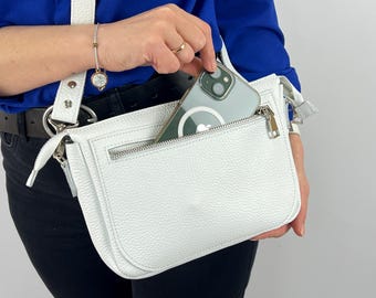 Borsa a tracolla in pelle fatta a mano: piccola borsa a tracolla in pelle bianca, nome personalizzato