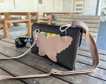 Portafoglio a tracolla in pelle goffrata per iPhone: borsa da viaggio in pelle con protezione RFID, piccola borsa artigianale