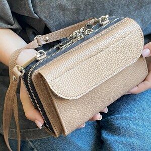 Handmade Leather Dual Zipper Around Travel Wallet Purse, Leather Crossbody Wallet Bag iPhone 15 16 Pro Max, Double Long Shoulder Phone Purse