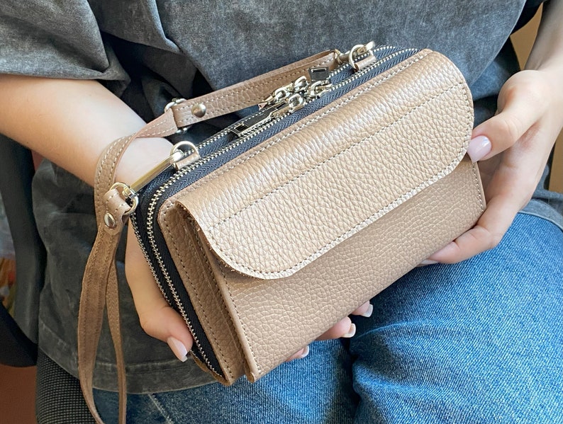 Handmade Leather Dual Zipper Around Travel Wallet Purse, Leather Crossbody Wallet Bag iPhone 15 16 Pro Max, Double Long Shoulder Phone Purse