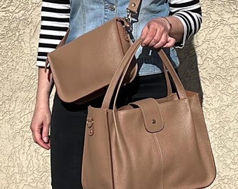 2-in-1 Soft Pebbled Leather Tote Bag, Crossbody Purse with Detachable Pouch, Water-Repellent Zipper Handbag