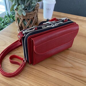 Handmade Leather Dual Zipper Around Travel Wallet Purse, Leather Crossbody Wallet Bag iPhone 15 16 Pro Max, Double Long Shoulder Phone Purse