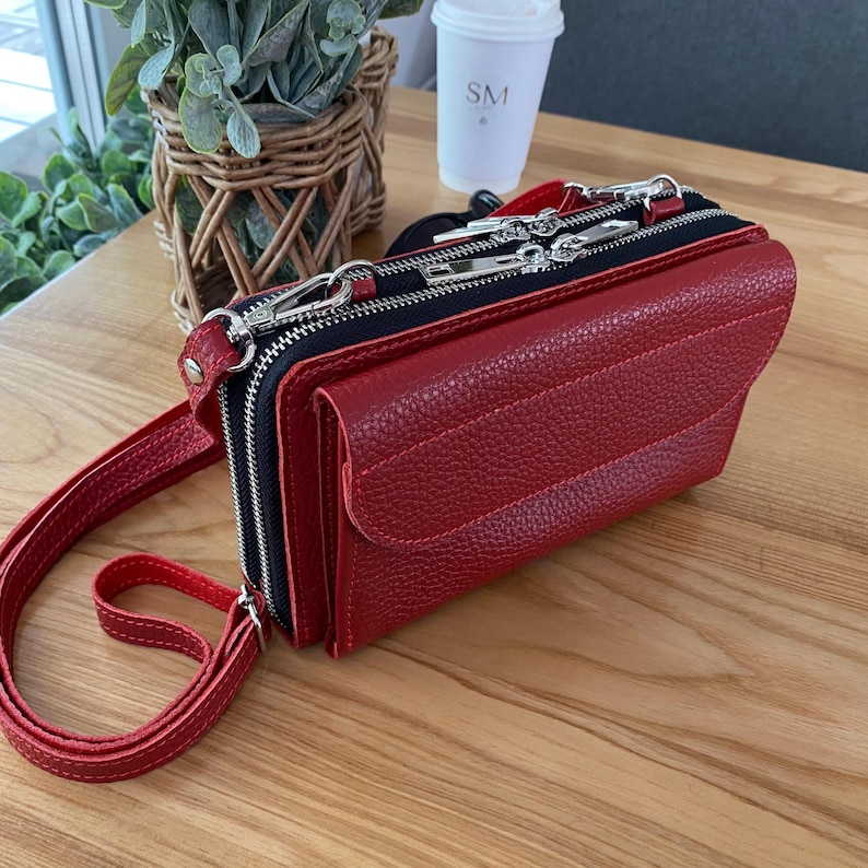 Handmade Leather Dual Zipper Around Travel Wallet Purse, Leather Crossbody Wallet Bag iPhone 15 16 Pro Max, Double Long Shoulder Phone Purse