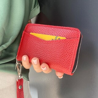 Portafoglio Donna Vera Pelle Con Protezione RFID - Borsellino Con Catena, 16 Scomparti Carte, Portamonete Cerniera (Rosso)