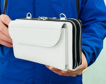 Handmade Pebbled Leather Crossbody Double Zip Wallet: Dual Zipper Phone Shoulder Purse, RFID Blocking
