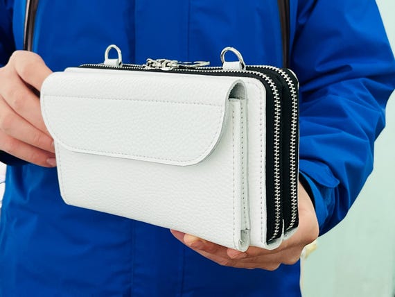 Handmade Pebbled Leather Crossbody Double Zip Wallet: Dual Zipper Phone Shoulder Purse, RFID Blocking