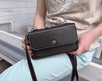 RFID Leather Crossbody Phone Wallet: Handmade Zippered Shoulder Bag, Leather Purse With Removable Strap