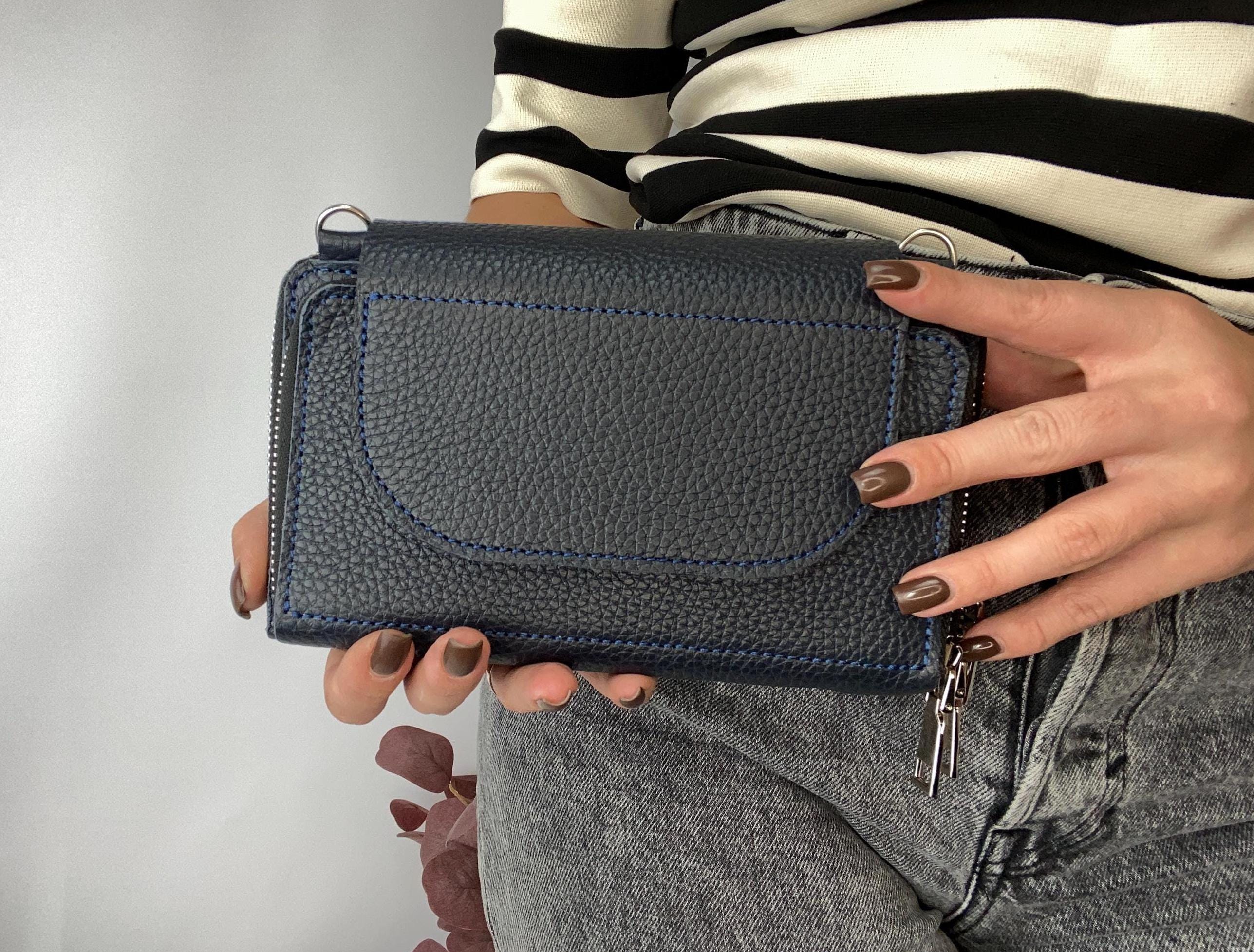 Crossbody Clutch With Phone Pocket Handmade Genuine Leather Organizer Purse Blue Leather Small Handbag iPhone 16 Leather Shoulder Bag