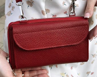Personalized Pebbled Leather Crossbody Wallet Purse: RFID, Handmade Embossed Phone Bag With  Detachable Strap