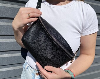 Personalized Black Leather Fanny Pack: Women's Belt Bag