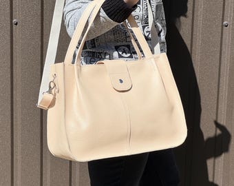 Borsa tote in pelle fatta a mano con cerniera: borsa da lavoro in pelle martellata e pochette per il trucco a tracolla, borsa per laptop a spalla