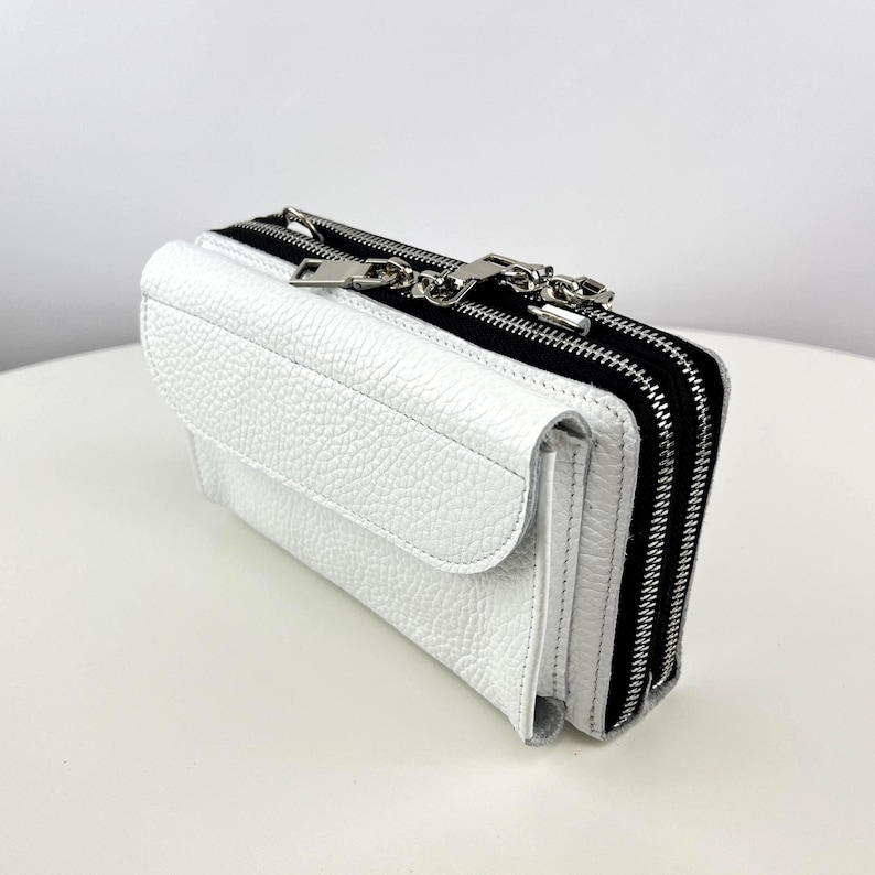 Handmade Soft Leather Crossbody Double Zipper Wallet: Dual Zipper Travel Phone Purse, RFID Blocking