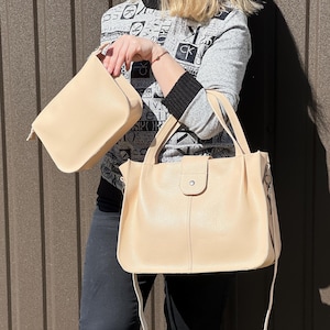 Handmade Genuine Leather Zipper Tote, Large Leather Market Bag, Shoulder Work Bag with Top Handles, Leather Handbag & Crossbody Makeup Pouch
