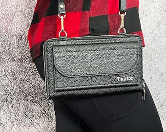 Personalized Leather Crossbody Wallet Purse: Travel Organizer Shoulder Phone Purse with RFID Card Slots
