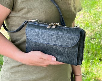 Leather Crossbody iPhone Wallet Bag: RFID, Handmade, Personalized Travel Shoulder Purse, Zipper Cash Organizer