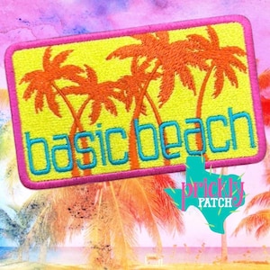 May include: A rectangular embroidered patch with a bright yellow background featuring orange palm trees and the text "basic beach" in blue. The patch has a pink border and a separate teal-colored Texas-shaped logo with the text "prickly patch".