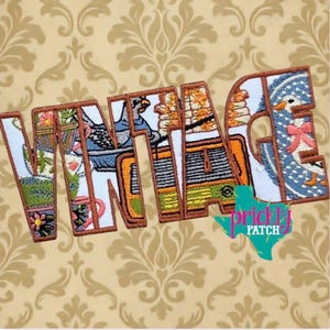 May include: Embroidered patch spelling "VINTAGE" with various designs inside each letter, including a cactus, bird, and goose. The patch has a brown border and is set against a beige background with a floral pattern. The Prickly Patch logo is in the bottom right.