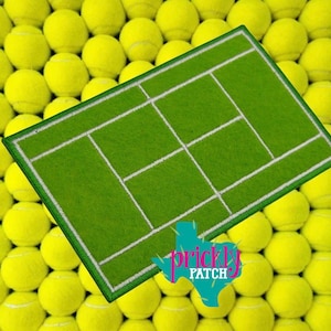 May include: A green rectangular patch featuring a tennis court design with white lines. The patch is set against a background of yellow tennis balls. The patch has the text "prickly PATCH" with a Texas outline.