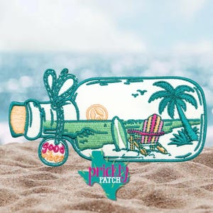 May include: An embroidered patch shaped like a glass bottle containing a beach scene with a palm tree, a surfboard, and a striped chair. A tag attached to the bottle neck reads good vibes in pink text. The patch has a teal border and a tan cork.