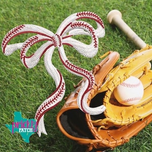 May include: A baseball-themed image featuring a white and red stitched bow, a baseball glove, a baseball, and a wooden bat. The bow is made to look like baseball stitching. The glove is brown and tan, and the baseball is white with red stitching.