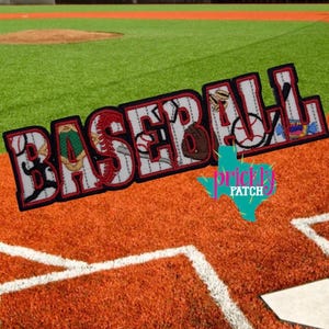May include: A baseball-themed patch with the word "BASEBALL" in a bold, stylized font. The letters are white with red and black accents, and feature baseball-related imagery. The patch is set against a baseball field background.