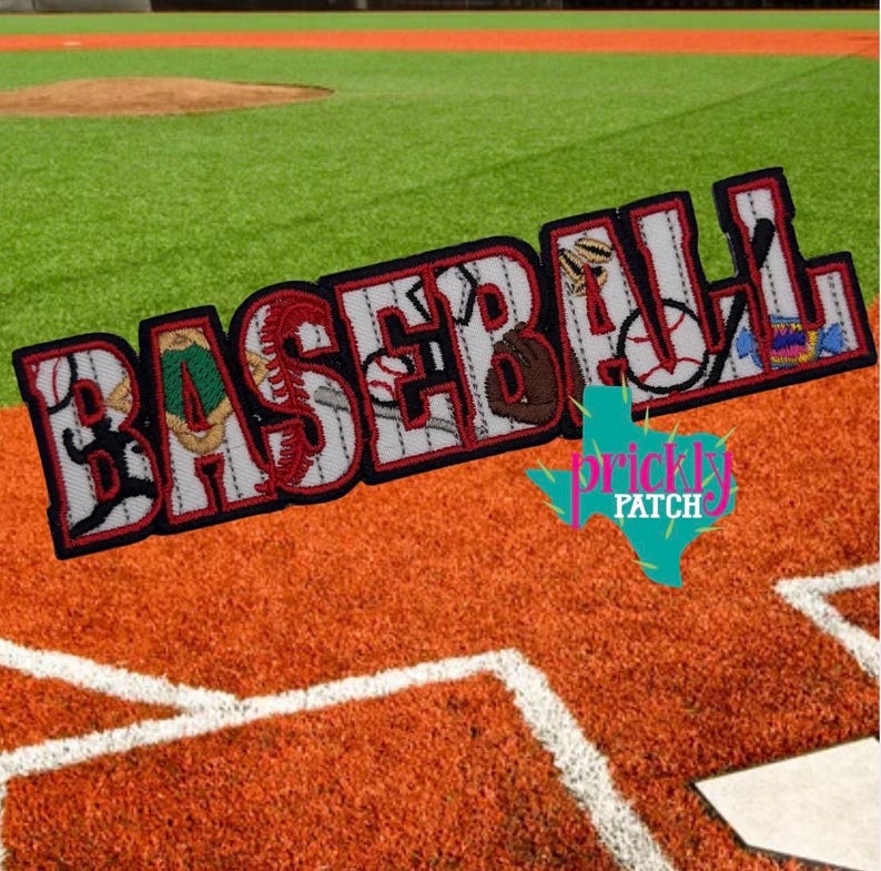 May include: A baseball-themed patch with the word "BASEBALL" in a bold, stylized font. The letters are white with red and black accents, and feature baseball-related imagery. The patch is set against a baseball field background.